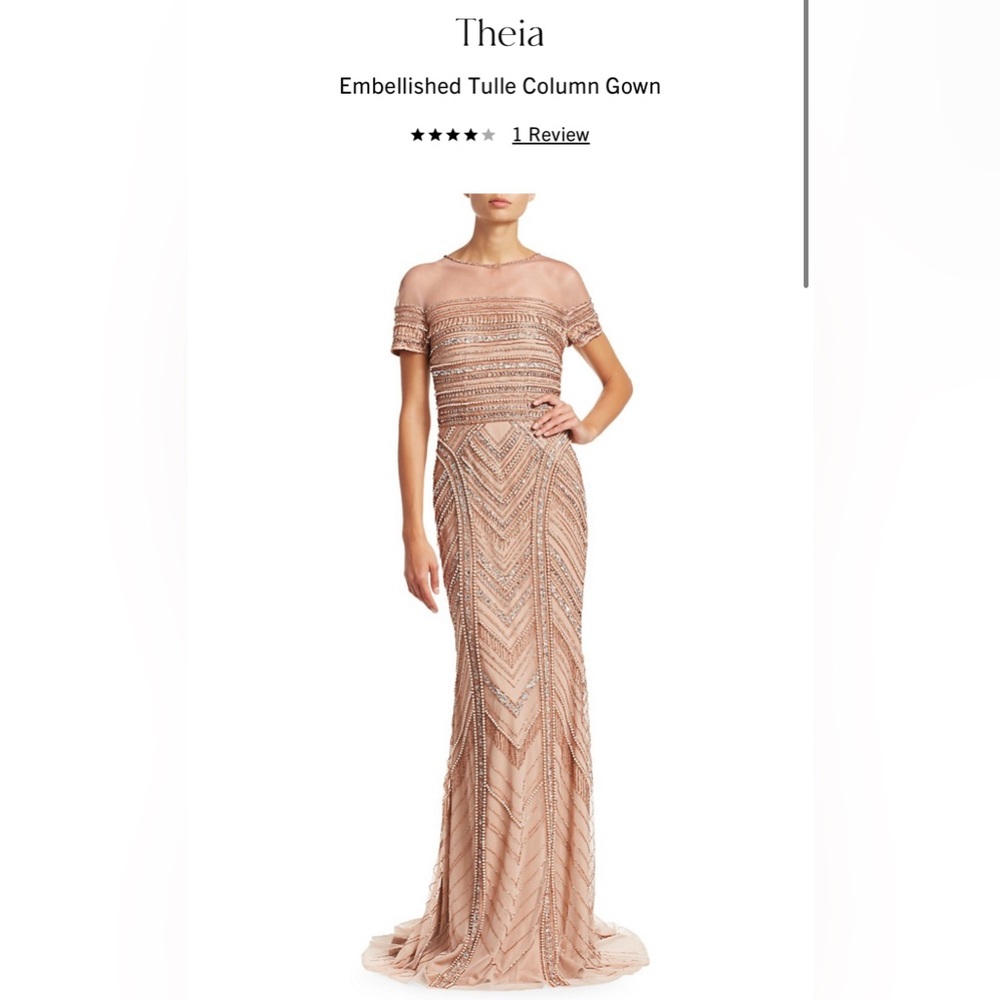 Women’s Beige Theia Embellished Tulle Column Evening Gown